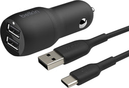 Belkin Dual USB Autolader 24W + 1m USB-C kabel - Zwart
