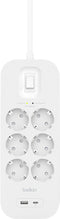 Belkin Spanningsbeveiliger met 6 stopcontacten Wit 2M (USB-C+USB-A)