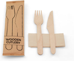 Bestekset vork, mes FSC® hout, servet FSC® papier, in zakje FSC® papier | Inhoud: 100 stuks