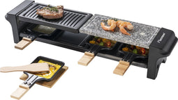 Bestron elektrische Gourmetstel, Raclette voor maximaal 4 personen, krasbestendige natuurlijke grillsteen & bakplaat met antiaanbakplaag, inclusief 4 pannen, 4 spatels & 4 Onderzetter, 650 Watt, kleur: zwart/hout
