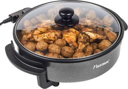 Bestron elektrische Hapjespan Ø28,5cm, multifunctionele Partypan met glazen deksel, met antiaanbaklaag & thermostaat, 1.500 watt, kleur: zwart
