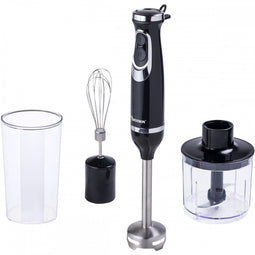 Bestron Staafmixer Set, Staafmixer met Hakmolen, Garde, Maatbeker & Blender, 4-1 Set, 600 Watt, kleur: Zwaart/zilver