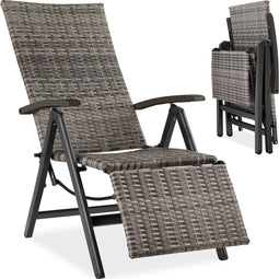 Wicker tuinstoel Brisbane - opklapbaar met verstelbare rugleuning en voetsteun - grijs