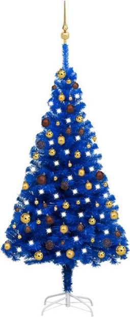 vidaXL - Kunstkerstboom - met - verlichting - en - kerstballen - 150 - cm - PVC - blauw