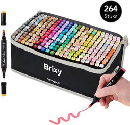 Brixy Twinmarkers 264 Stuks - Professionele Alcohol Markers - Dubbelzijdige Tip - Opbergtas Met Houder