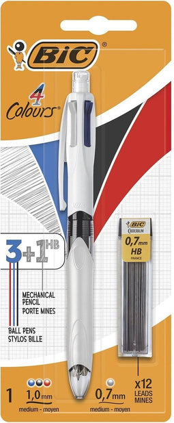 BIC 4 Kleuren - 3 en 1HB Balpennen en Vulpotloden - Pak van 1 en 12 Navullingen 0.7 mm HB
