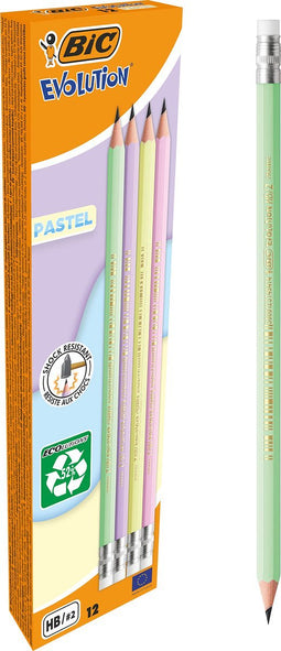 BIC Evolution Pastel grafietpotloden met gom en schokbestendige HB-stift - Teken en Schrijfpotloden - Verpakking van 12 stuks