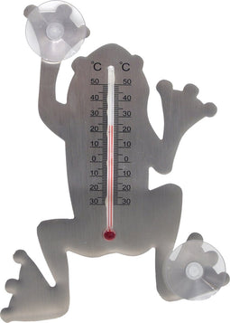 Binnen/buiten thermometer grijze kikker 16 cm met zuignappen - Tuindecoratie dieren - Buitenthermometers / kozijnthermometers