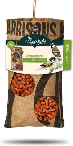 Bird Buffet | vogelvoer ECO zak om op te hangen | vogelvoer voor mussen & merels | 1x 300gr | 4-seizoenenvoer | vogelhuisje om op te hangen | vogelvoer wilde vogels het hele jaar door