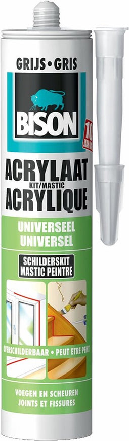 Bison Acrylaatkit Universeel grijs koker 300 ml - afdichtingskit voor het afdichten van voegen, naden, kieren en scheuren, overschilderbaar, strak afmesbaar