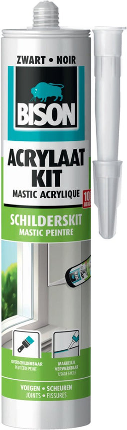 Bison Acrylaatkit Universeel zwart koker 300 ml - afdichtingskit voor het afdichten van voegen, naden, kieren en scheuren, overschilderbaar, strak afmesbaar