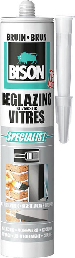 Bison Beglazingskit Bruin Koker 290 ml, overschilderbaar, waterbestendig, afdichtingskit, voor voegen bij enkel- en dubbelglas, binnen en buiten toepasbaar