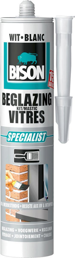 Bison Beglazingskit wit Koker 290 ml, overschilderbaar, waterbestendig, afdichtingskit, voor voegen bij enkel- en dubbelglas, binnen en buiten toepasbaar