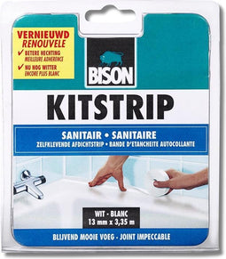 Bison Kitstrip Sanitair wit 22 mm x 3.35 m, zelfklevend, afdichtstrip, waterdicht, voor allerlei voegen, douchebak, aanrecht, spoelbak, vloer en tegels