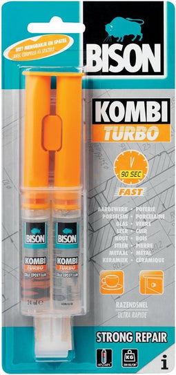 Bison Kombi Turbo 24 ml, super snel, vullend, temperatuurbestendig van -20- 20°C tot + 65°C, (zee)waterbestendig, chemicaliënbestendig, inclusief mengbakje en spatel