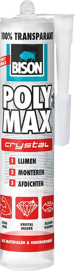 Bison Poly Max Crystal Express koker 300 gram- Transparante montagelijm, lijmen, monteren en afdichten, unieke SMP technologie, oplosmiddelvrij, binnen en buiten, vrijwel alle ondergronden