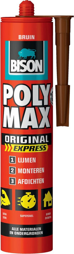 Bison Poly Max Express bruin koker 425 gram- Transparante montagelijm, lijmen, monteren en afdichten, unieke SMP technologie, oplosmiddelvrij, binnen en buiten, vrijwel alle ondergronden