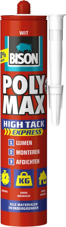 Bison Poly Max High Tack Express wit koker 425 gram, montagelijm, lijmen, monteren en afdichten, unieke SMP technologie, oplosmiddelvrij, binnen en buiten, vrijwel alle ondergronden
