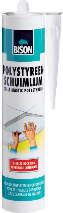 Bison Polystyreenschuimlijm koker 470 g, voor isolatieplaten, folie, plafondtegels, wandbekleding, oplosmiddelvrij, eenzijdig aan te brengen, strijkt makkelijk uit