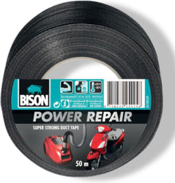 Bison Power Repair zwart rol 50 m x 48 mm, super sterk, reparatietape, duct tape, versterken, afdichten, verbinden, beschermen, geschikt voor binnen en buiten