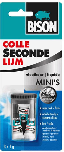 Bison Secondelijm Vloeibaar Mini's 3 x 1g, sterke secondelijm, speciale min verpakking, vaatwasser bestendig, water resistent, voor iedere reparatie in en om het huis
