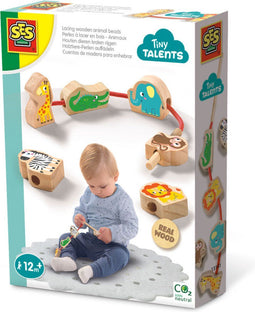 SES - Tiny Talents - Houten dierenkralen rijgen - Montessori - veilig rijgkoord met hout - makkelijk voor de kleine handjes - Speelgoed 1 jaar