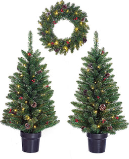 Black Box Trees Creston Set van 2 Kerstbomen en 1 Krans met LED Verlichting - Groen