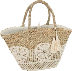 J-Line strandtas Kant Bloem + Kwast - jute - naturel/wit