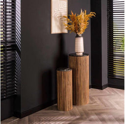 Bloemenzuil Luna set van 2 mangohout zwart marmer - bijzettafels - plantentafel - plantenstandaard - sokkel