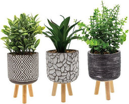 Bloempot PASADENA met houten pootjes en kunststof plantje set van 3 potjes