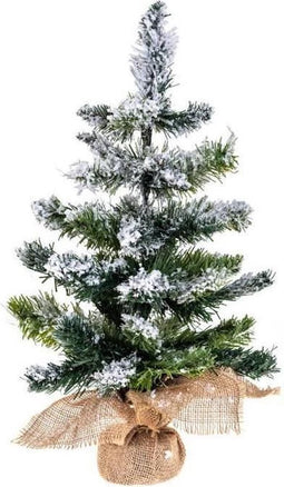 Blooming kunst (tafel)kerstboom - 50 cm - groen - Ø 29 cm - 54 tips - besneeuwd - jute zak