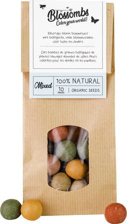 Blossombs Kraft zak zaadbolletjes - MIX – 10 stuks - erg geschikt als cadeau of relatiegeschenk – vormt een kleurrijke tuin of balkon – geproduceerd in Nederland – trekt nuttige bijen en insecten aan – inheemse wildbloemen