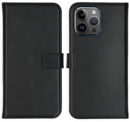 Selencia iPhone 15 Pro Max - Echt Lederen Bookcase - Ruimte voor 3 pasjes - Zwart