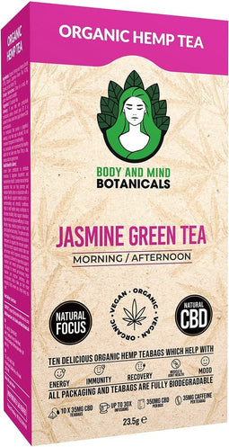 Body & Mind Botanicals - Jasmijn Hennep Thee - Groene Thee - Vegan & Biologisch - Welzijnsproduct - 10 Theezakjes - 350mg CBD per Doos
