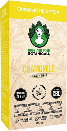 Body & Mind Botanicals - Kamille Hennep Thee - Vegan & Biologisch - Welzijnsproduct - 10 Theezakjes - 350mg CBD per Doos