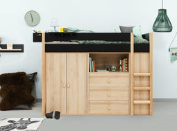 Bopita Lucas hoogslaper 90x200 met opbergkasten - Mat Zwart/Naturel