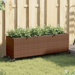 vidaXL - Plantenbak - met - wielen - 3 - potten - 107x32x38 - cm - poly - rattan - bruin
