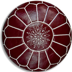 | Bordeauxrood | Marokkaanse Poef | Handgemaakt | Leer | 55 Ø | Gevuld geleverd |