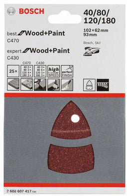 Bosch - 25-delige schuurbladset 102 x 62, 93 mm, 3x40, 6x80, 3x120, 3x180, 2x40, 2x80, 4x120, 2x180