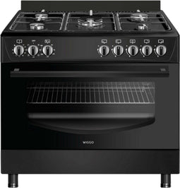 Wiggo WO-E905R - Vrijstaand gasfornuis - 90 cm - 5 kookzones met wokbrander - 110L elektrische oven - Zwart