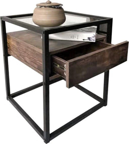 Nachtkastje bijzettafel Stoer met lade - industrieel vintage - zwart metaal bruin hout met glas