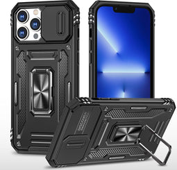 Podec iPhone 12 Pro - Telefoonhoesje - Anti-Shock Case Cover met Kickstand Ring en Screenprotector - Zwart