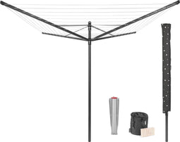 Brabantia Lift-O-Matic Droogmolen - met Metalen Grondanker, Beschermhoes, Wasknijpertasje en Wasknijpers - 50 m - Anthracite