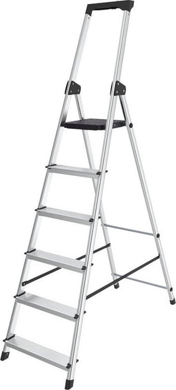 BRASQ Huishoudtrap 6-treden Zilver - keukentrap inklapbaar aluminium voor Particulier en professioneel gebruik - Trap Ladder - Anti slip