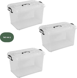 BRASQ Opbergbox 70 Liter - Set van 3 - Plastic Opbergbox - Transparant - Opbergbak - Opbergdoos met deksel - Met Wieltjes