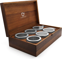 Bredemeijer - Theedoos met 6 theeblikken voor losse thee rond + lepel acacia hout