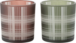 J-Line windlicht Geruit - glas - bruin/groen - small - 2 stuks