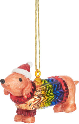 Teckel met regenboogjasje kerstbal - Sass & Belle