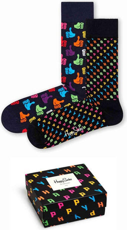 Happy Socks - Unisex 2-Pack Happy Gift Box Sokken - Duim-omhoogontwerp - Zwart (2 stuks)