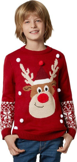 dressforfun - Kersttrui Rudi Rendier - Gebreid - Rood - Maat 140 (9-10y)